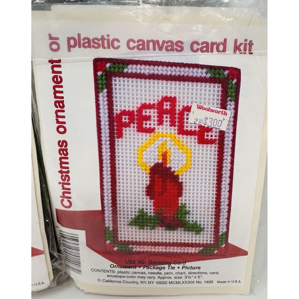 Vintage 1989 Christmas Card Kit Lot 3 Plastic Canvas Peace Candle Sealed USA - Picture 3 of 5